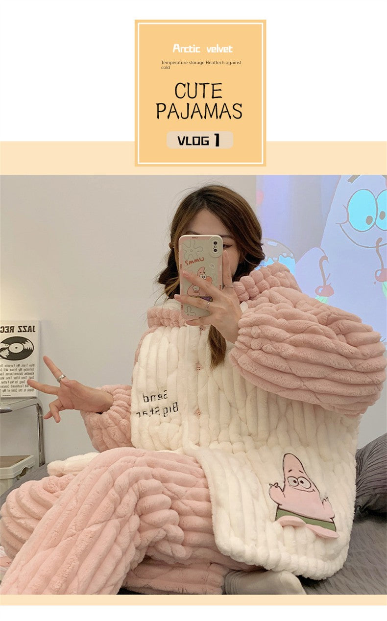 Paidaxing Hooded Pajamas Women's Winter Velvet Thickening Outfit Three-Layer Quilted Coral Fleece Heattech Sweet Home Wear