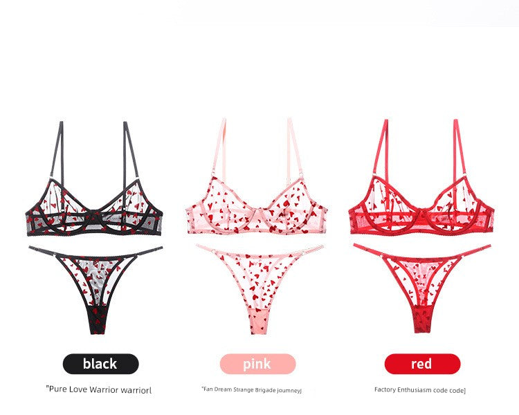 Flocked Printed Heart-Shaped Women's Intimates Ultra-Thin Bra Lace Sexy Steel Ring Push-up Thin Bra Set