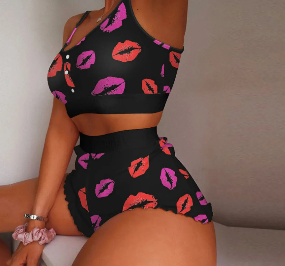 2 Pieces Set Women's Pajama Shorts Suit Multiple Print Underwear Sexy Lingerie Camisoles Tanks Nighty Ladies Loungewear Homewear