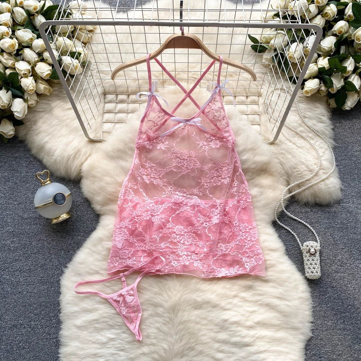 Hollow Backless Strap Playsuit Deep V-Neck Transparent Lace Slim Bow Bodysuit Sexy Lingerie Women's Pajamas Nightwear Rompers