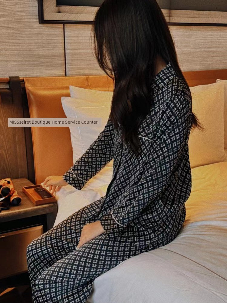 European and American Entry Lux ~ Navy Blue Four-Leaf Clover Silk Satin Pajamas Women's Suit Autumn Long Sleeves Pants Fashion Home Wear