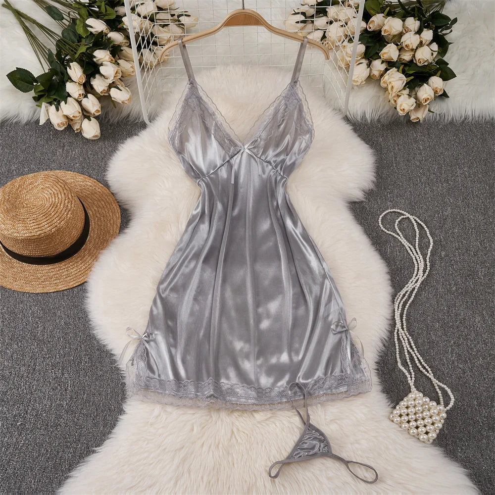 Hollow Backless Strap Playsuit Deep V-Neck Transparent Lace Slim Bow Bodysuit Sexy Lingerie Women's Pajamas Nightwear Rompers