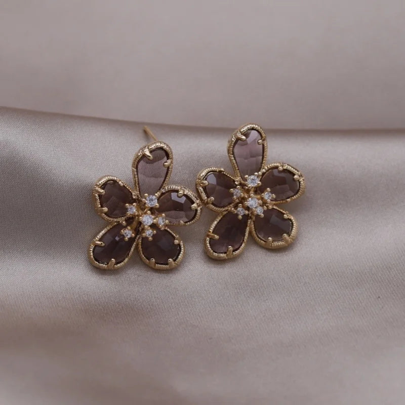 South Korea hot selling fashion jewelry 14K gold plated glass flower earrings elegant women's daily work accessories