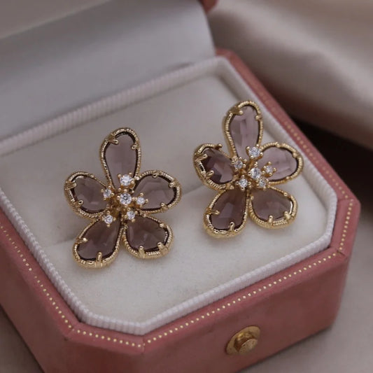 South Korea hot selling fashion jewelry 14K gold plated glass flower earrings elegant women's daily work accessories