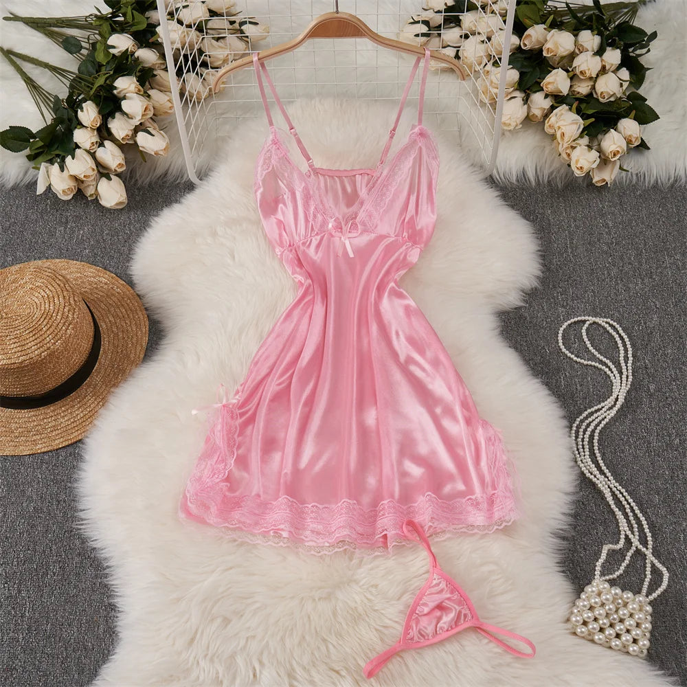 Hollow Backless Strap Playsuit Deep V-Neck Transparent Lace Slim Bow Bodysuit Sexy Lingerie Women's Pajamas Nightwear Rompers