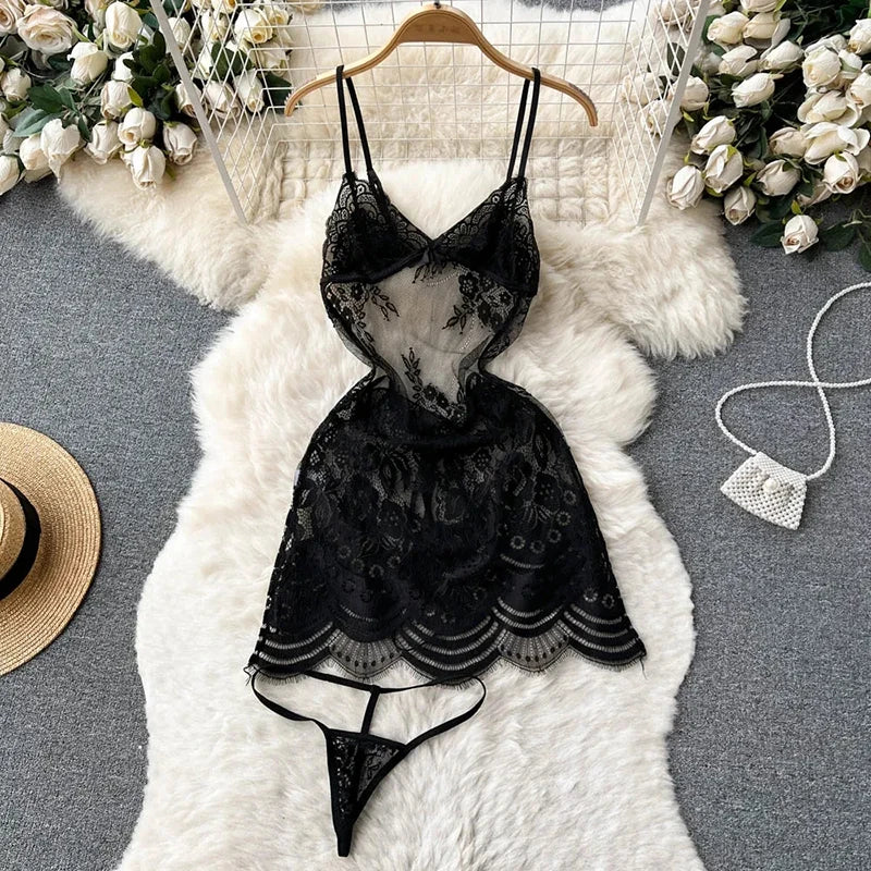 Hollow Backless Strap Playsuit Deep V-Neck Transparent Lace Slim Bow Bodysuit Sexy Lingerie Women's Pajamas Nightwear Rompers