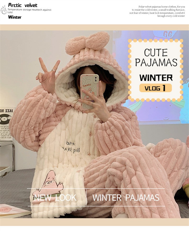 Paidaxing Hooded Pajamas Women's Winter Velvet Thickening Outfit Three-Layer Quilted Coral Fleece Heattech Sweet Home Wear