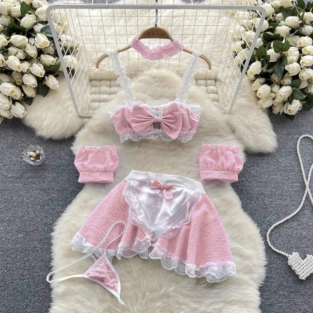 Hollow Backless Strap Playsuit Deep V-Neck Transparent Lace Slim Bow Bodysuit Sexy Lingerie Women's Pajamas Nightwear Rompers