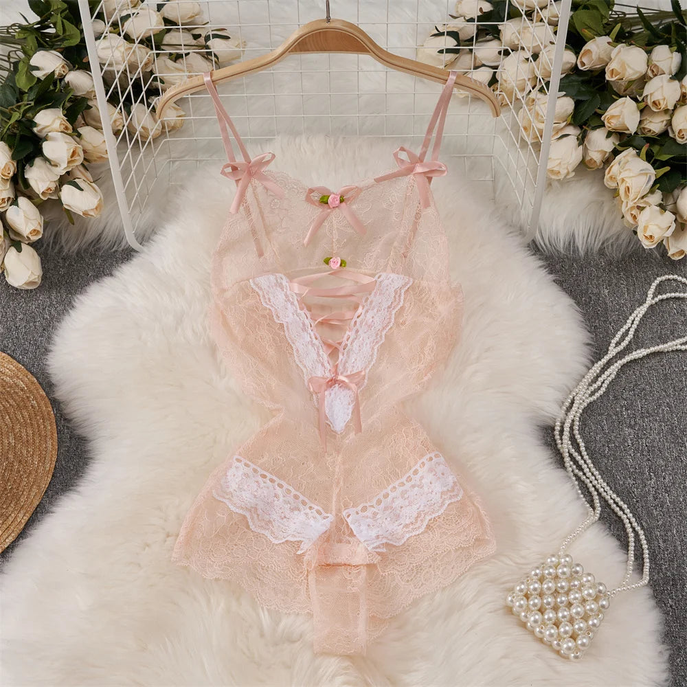 Hollow Backless Strap Playsuit Deep V-Neck Transparent Lace Slim Bow Bodysuit Sexy Lingerie Women's Pajamas Nightwear Rompers